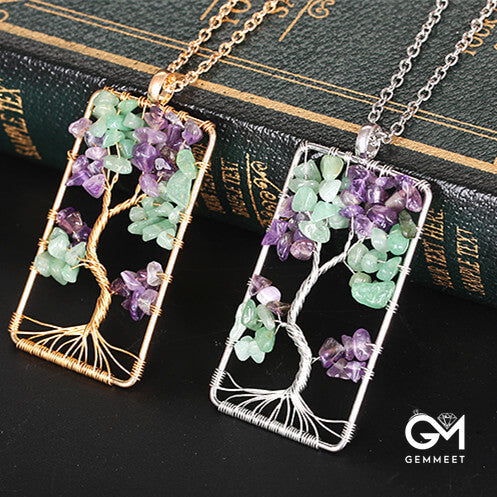 Rectangular Wrapped Tree of Life Crystal Necklace