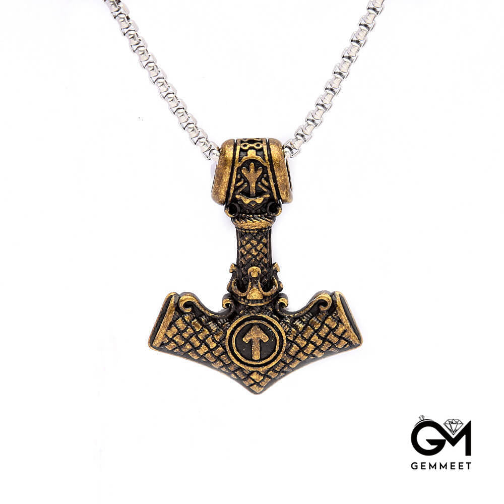 Stainless Steel Odin Thor Hammer Viking Rune Necklace