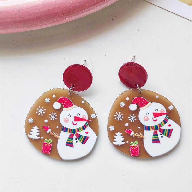 Christmas Vintage Embossed Print Holiday Acrylic Earrings Elk Snowman Christmas Tree