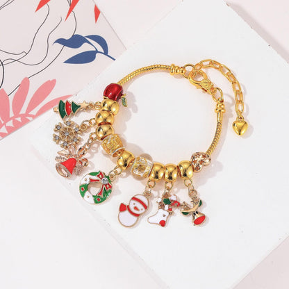 Christmas Trend Gold Beaded Snowflake Fawn Charm Bracelet