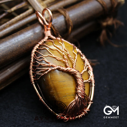 Oval Tiger Eye Tree of Life Stone Necklace