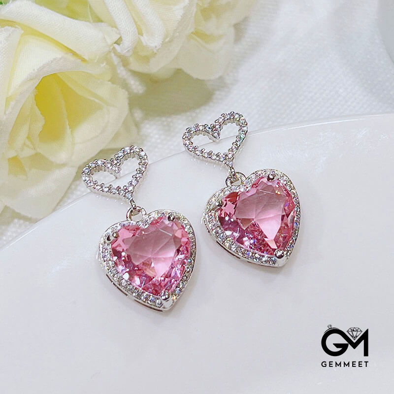 Light Luxury Love Temperament Earrings Sweet Pink Zircon Heart-shaped Earrings