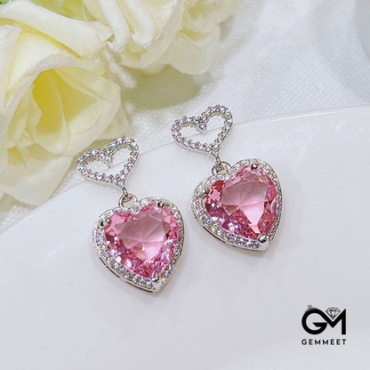 Light Luxury Love Temperament Earrings Sweet Pink Zircon Heart-shaped Earrings