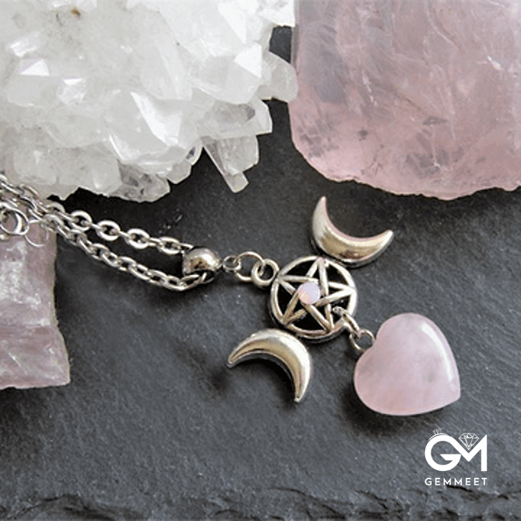 Bohemian Crescent Star Rose Quartz Fashion Necklace