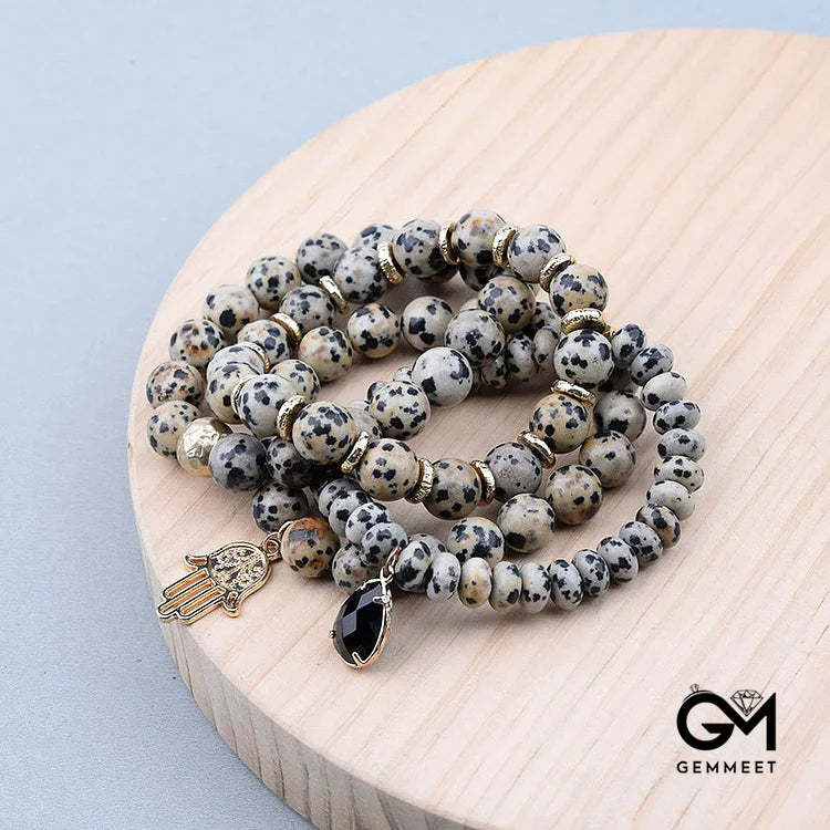 Natural Dalmatian Jasper Obsidian Hamsa Pendant Bracelet