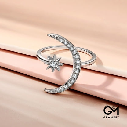 S925 Sterling Silver Moon Star Open Ring