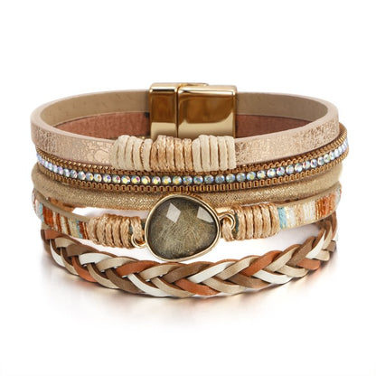 Golden Rutilated Quartz Woven Multi-layered Leather Bracelet