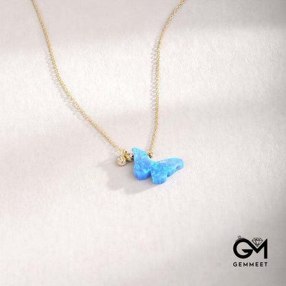 Blue Opal Butterfly Pendant Necklace