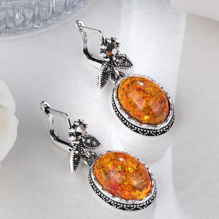 Retro Floral Silver Amber Earrings