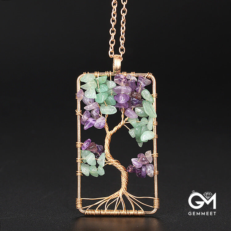 Rectangular Wrapped Tree of Life Crystal Necklace