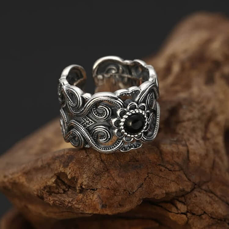 Ethnic Black Onyx Pattern Adjustable Ring