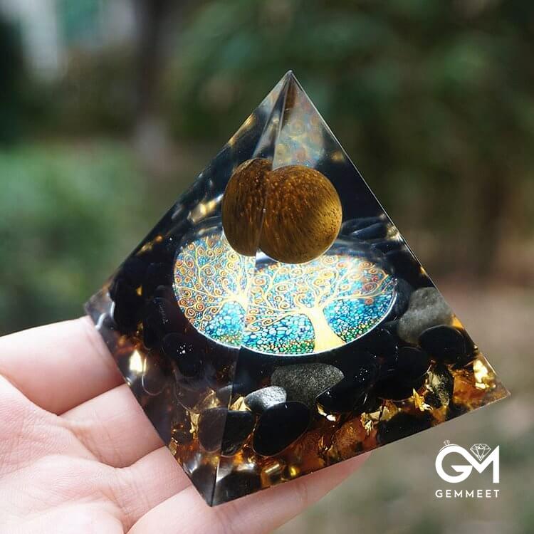 Tiger Eye Sphere & Obsidian Protection Orgone Pyramid