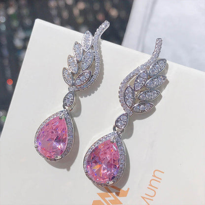 Light Luxury Romantic Argyle Powder Morganite Earrings Micro-inlaid Water Drop Powder Diamond Wing Earrings for Women