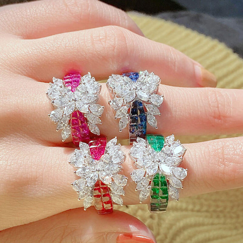 Rainbow Bridge Ring Micro Paved Marquise Imitation Emerald Ladies Ring