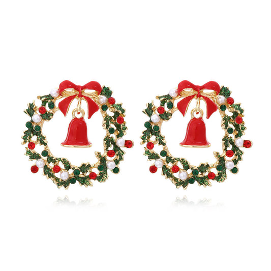 Christmas Alloy Drop Oil Inlaid Zircon Leaf Wreath Earrings Bow Knot Bell Earrings