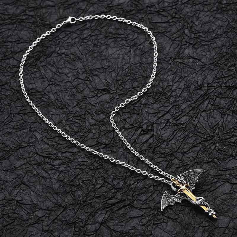 Classic Vintage Warrior Dragon Sword Necklace