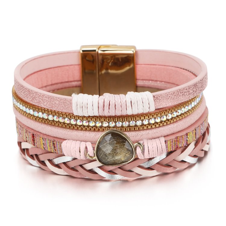 Golden Rutilated Quartz Woven Multi-layered Leather Bracelet