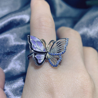 Sweet and Delicate Hollow Diamond Enamel Butterfly Ring