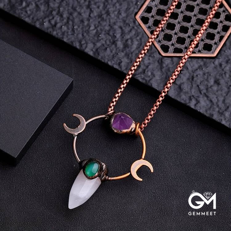 Bullet Clear Crystal Double Moon Gemstone Necklace