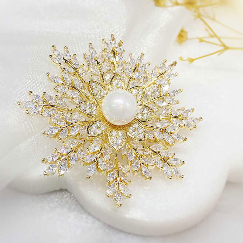 Golden Shinny Pearl Full Stone Snowflake Brooch