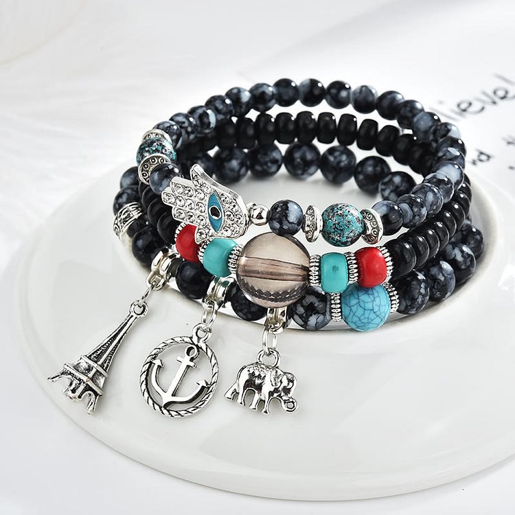 Elephant Tower Evil Eye Hamsa Bracelet Set