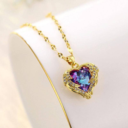 "Angel's Wings Protection" Colorful Crystal Heart Shaped Necklace