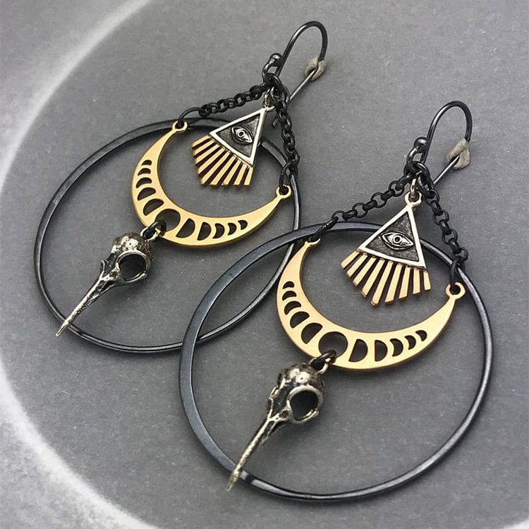 Evil Eye Moon Phase Raven Skull Earrings