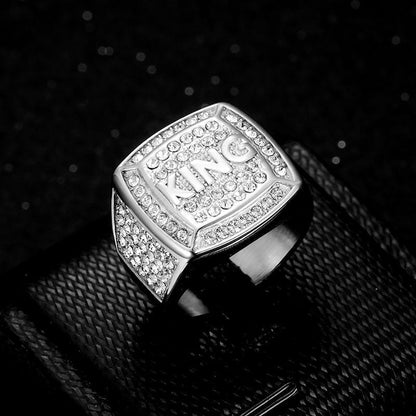 New Hip-hop HIPHOP Ring Titanium Steel Vacuum Gold-plated Synthetic Cubic Zirconia KING King Men's Ring