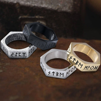 Hexagon Viking Runes Stainless Steel Ring