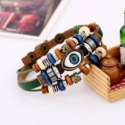 New Beaded Eyes Leather Bracelet Pull Adjustment Couple Leather Bracelet