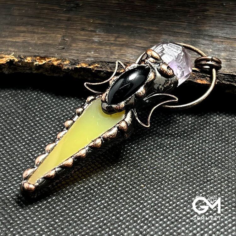 Copper Arrow Double Moon Crystal Pendant Gemstone Necklace