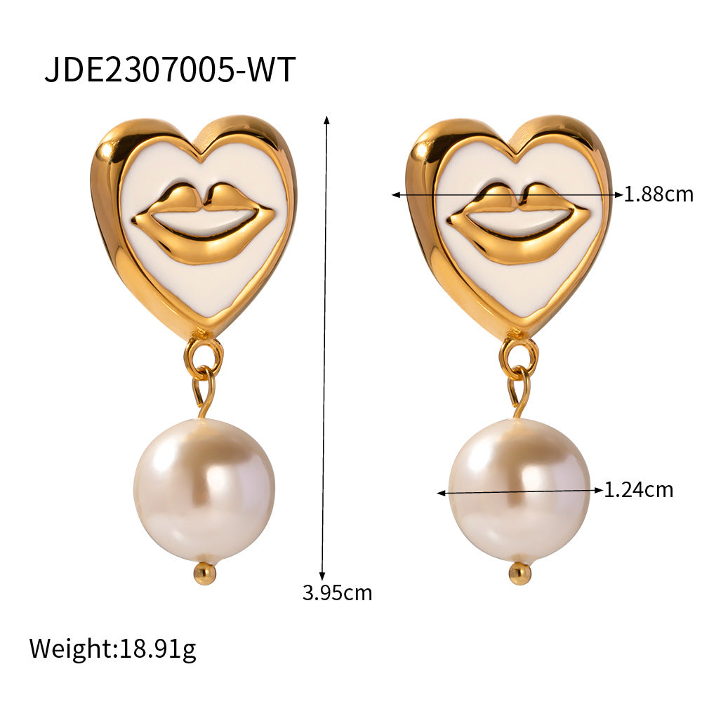 Cute Heart Shape Lip Totem Pearl Dangle Earrings