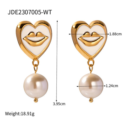 Cute Heart Shape Lip Totem Pearl Dangle Earrings