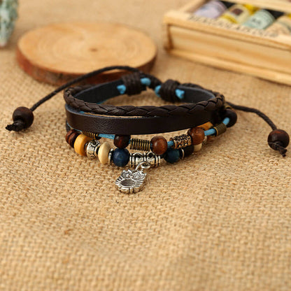 Vintage Beaded Leather Statement Owl Charm Leather Bracelet