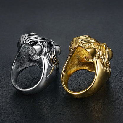 HIPHOP Titanium Steel Gold-plated Two-tone Lion Head Men's Ring