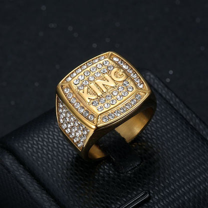 New Hip-hop HIPHOP Ring Titanium Steel Vacuum Gold-plated Synthetic Cubic Zirconia KING King Men's Ring