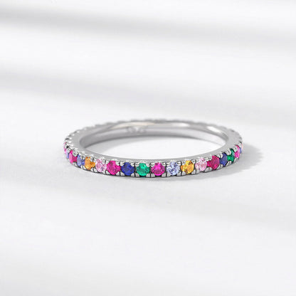 White Gold Prong Common Rainbow Stones Band Ring