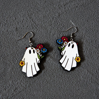 Halloween Gift Cute Spooky Flower Wooden Earrings