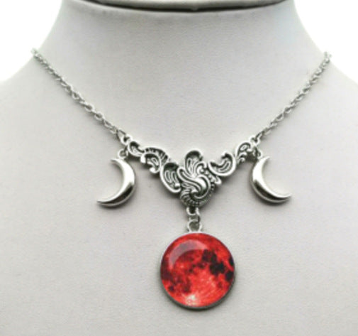 Vintage Double Crescent Red Moon Glass Necklace