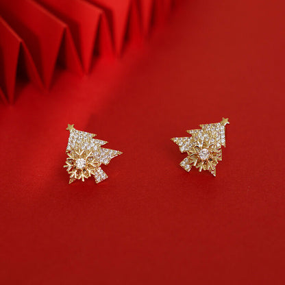 Christmas Tree Stud Earrings Micro-paved Zircon Rotatable Colorful Christmas Gift Snowflake Earrings