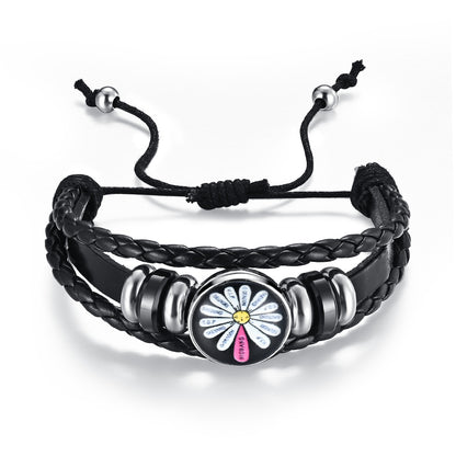 Sunflower Daisy Stainless Steel Leather Strap Bracelet