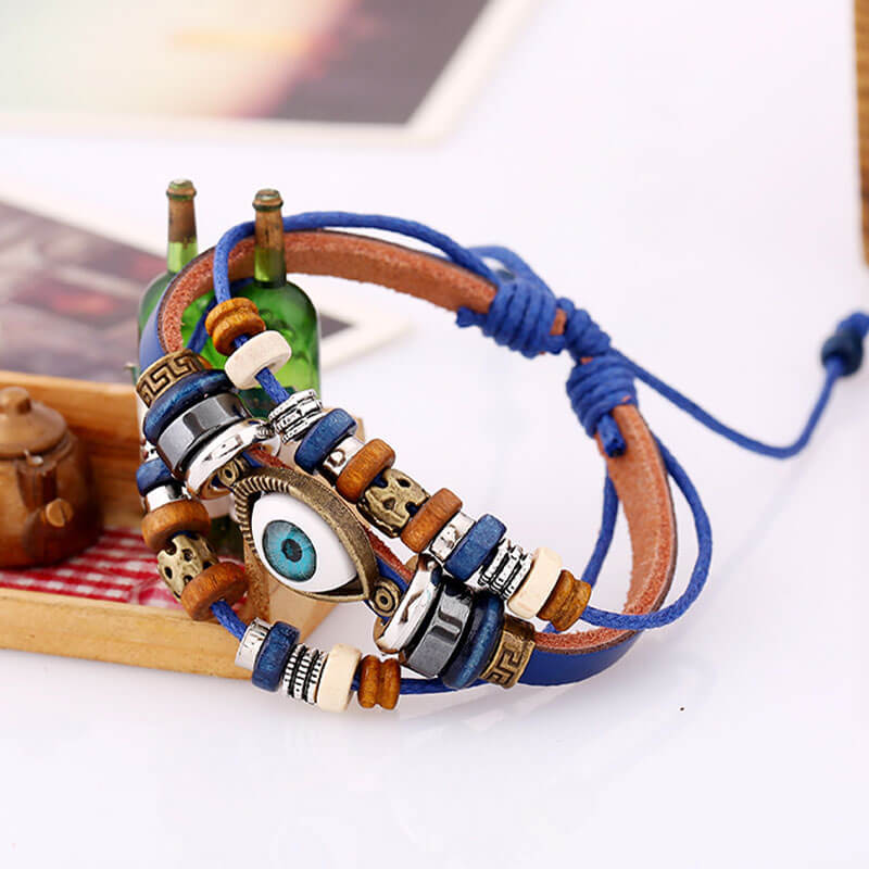 New Beaded Eyes Leather Bracelet Pull Adjustment Couple Leather Bracelet