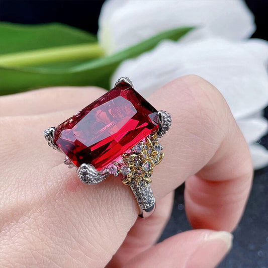 Flower Dance Rose Red Diamond Camellia Open Ring Imitation Natural Color Treasure Rupee Red Tourmaline Ruby Ring