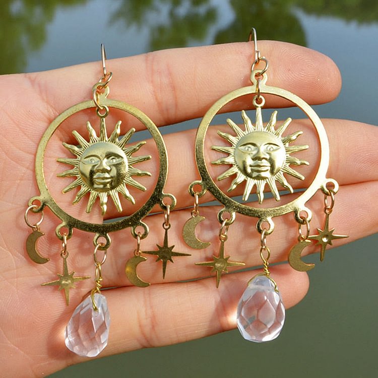 Natural Raindrop Crystal Gold Sun Moon Star Earrings