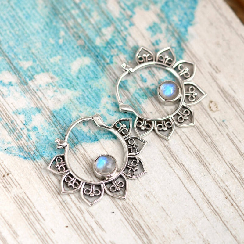 Presale: Boho Hollow Flower Moonstone Hoop Earrings