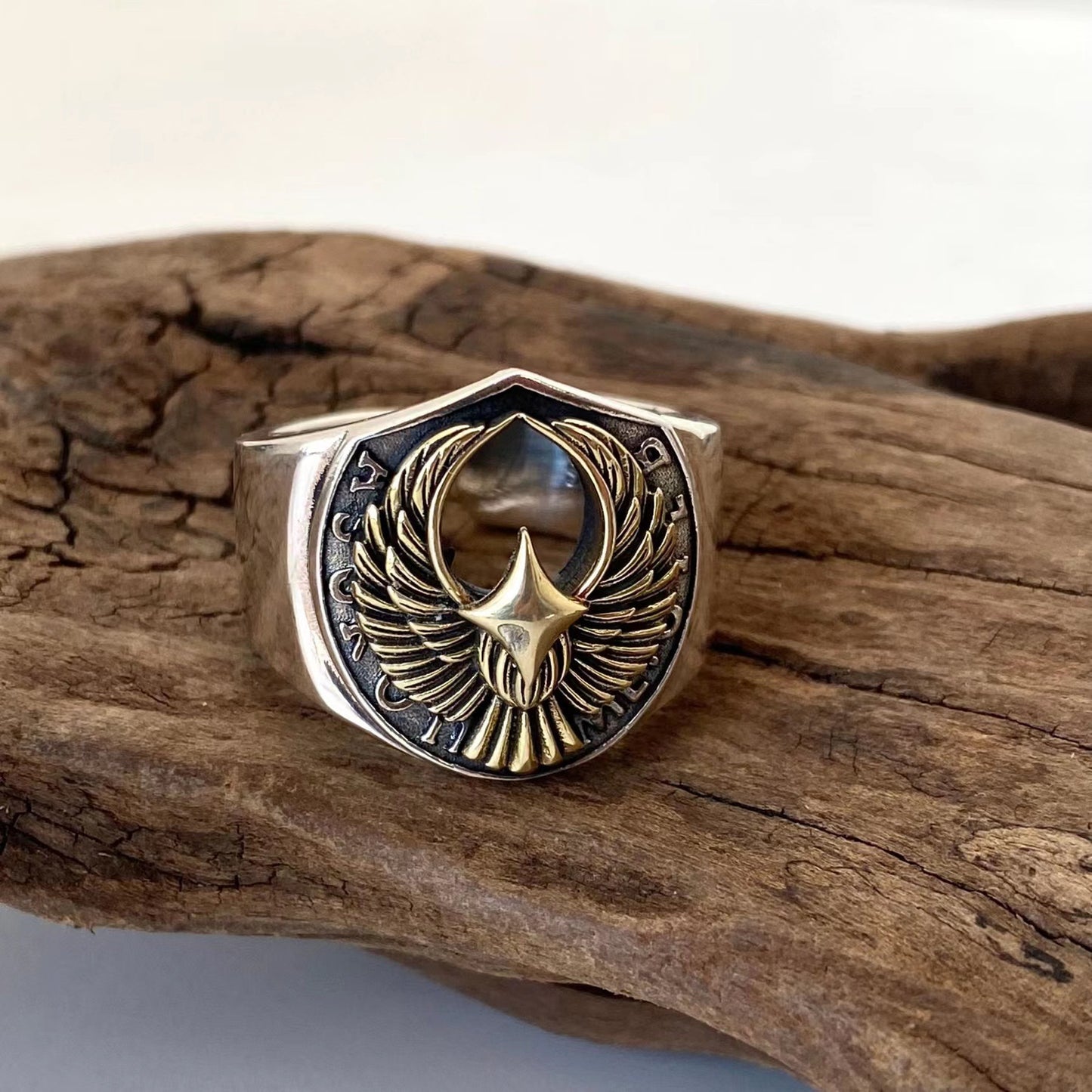 Vintage Letters Flying Eagle Inked Open Ring