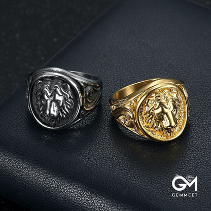 Vintage Punk Animal Lion Head Grass Pattern Men's Ring