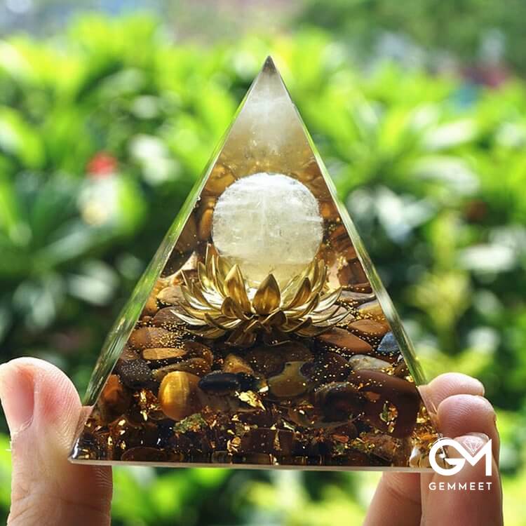 Clear Crystal Tiger Eye Lotus Symbol Orgone Pyramid