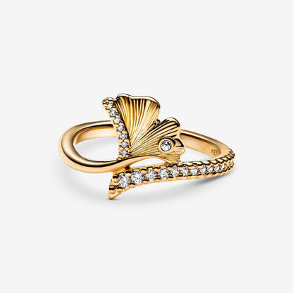 Ginkgo Biloba Dance Electroplated Copper Gold Plated Zircon Ring