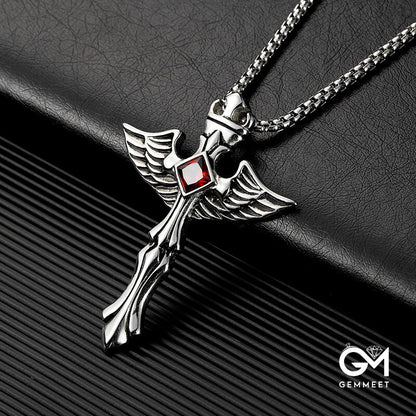 Stainless Steel Wing Pendant Red Zircon Necklace